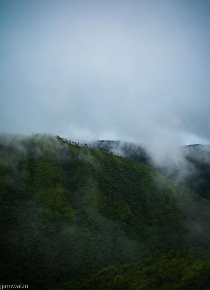 View of cloud covered hills on way to Cherrapunji